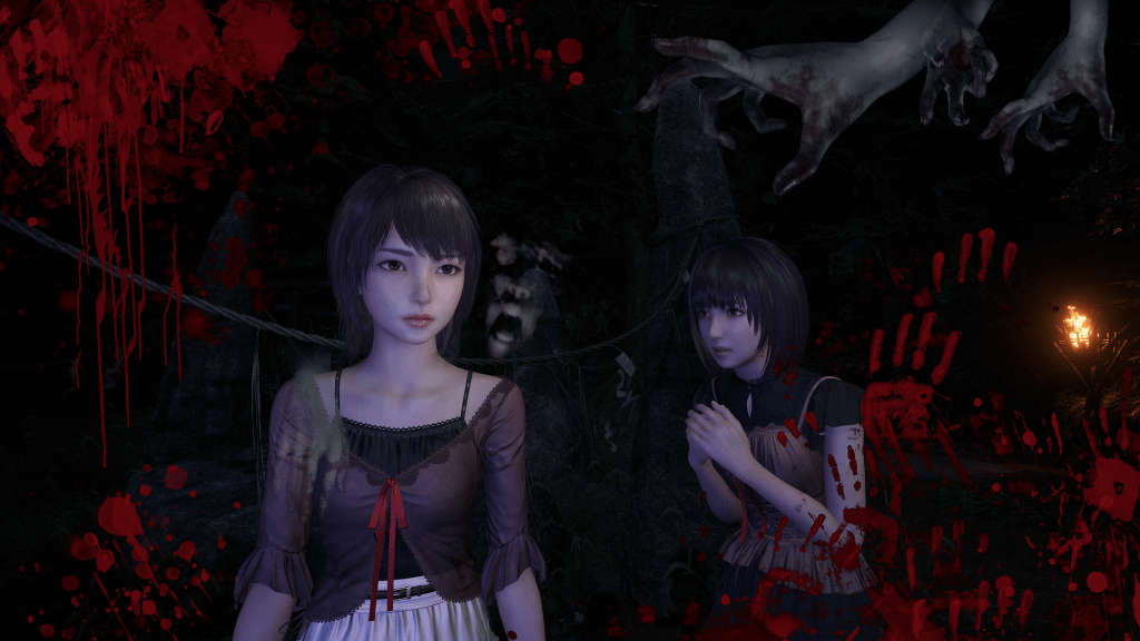 Imagem sombria de duas garotas em uma floresta, com sangue e mãos sobrenaturais emergindo ao fundo.